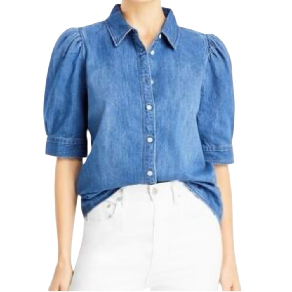 Frame Denim Puff Sleeve Button Front Shirt Size Large LWSH2471
